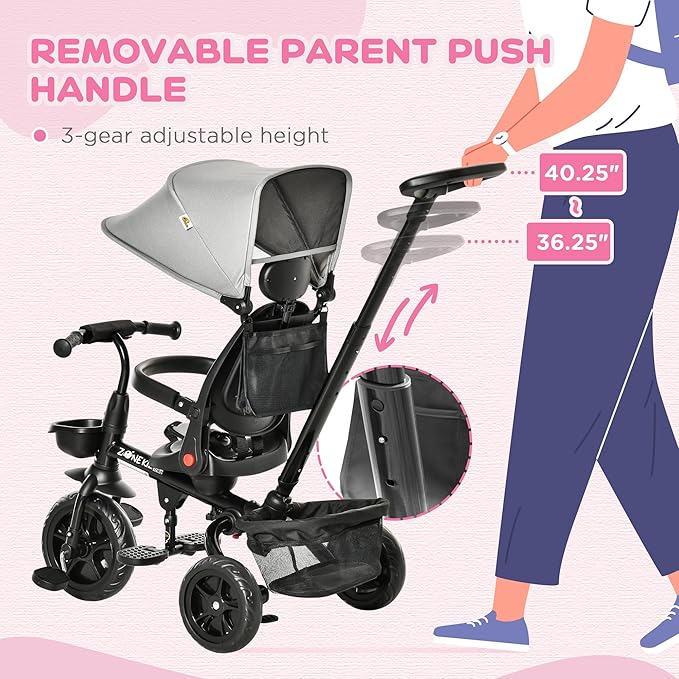 Qaba Kids Tricycle, 4 in 1 Foldable Trike with Reversible Seat, Adjustable Parent Handle, Safety Harness, Wheel Brakes, Removable Canopy, Storage, Tricycle for Toddlers 1-5 Years, Gray