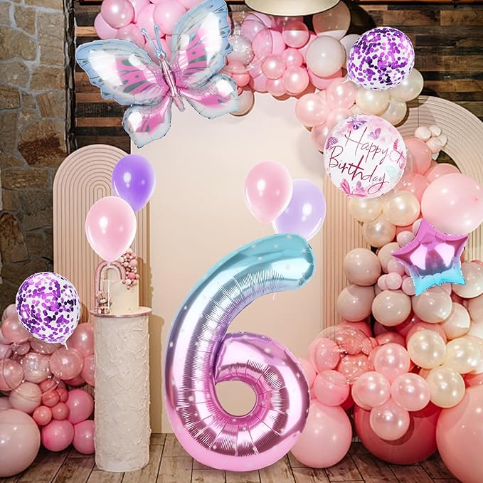 Butterfly Balloons 6th Birthday Decorations Gradient Pink Purple Colorful Butterfly Foil Mylar Balloons Large Big Number 6 Balloons for Girls 6 Years Old Birthday Party Supplies Decor