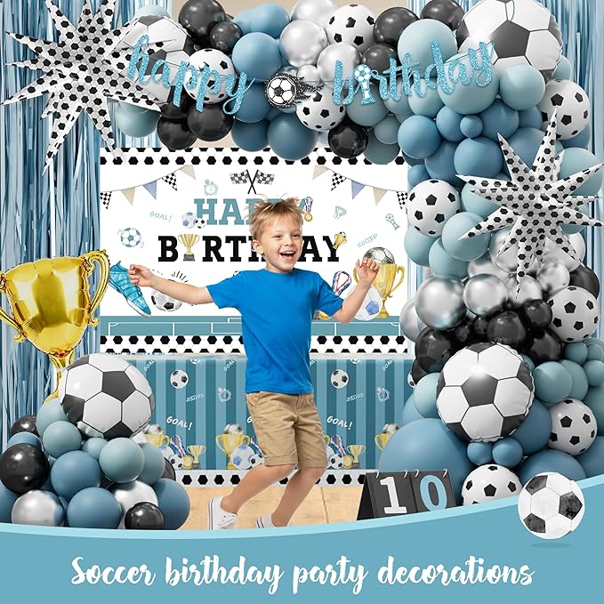 Soccer Birthday Party Decorations Kit for Boys, American Soccer Birthday Party Supplies Set, Soccer Football Party Decor with Backdrop Tablecloth Cake and Cupcake Toppers for Kids Boys Party Decor