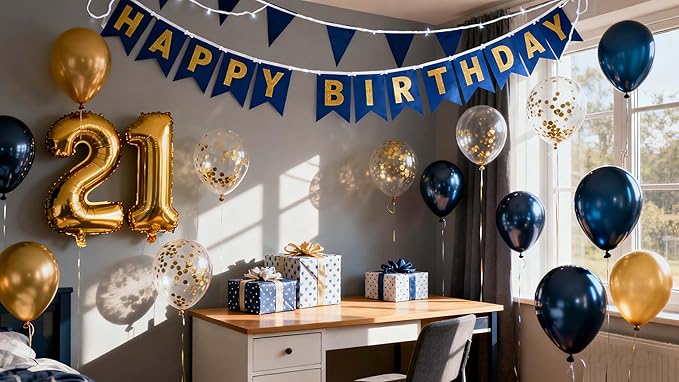 21st Birthday Party Decorations for Men, Navy Blue Gold Birthday Banner Number 21 Foil Balloons Metallic Latex Confetti Balloons for Men Him 21 Years Old Decoration (21st)