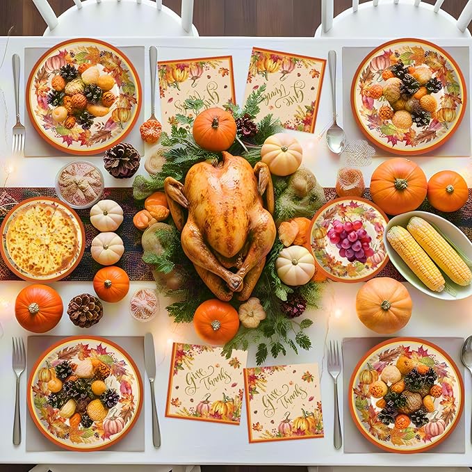 150 Pack Happy Thanksgiving Plates and Napkins Sets - Disposable Fall Paper Plates Napkins Dinnerware, Give Thanks Heavy Duty Dessert Dinner Plate for Thanksgiving Party Supplies Table Decor, Serve 50