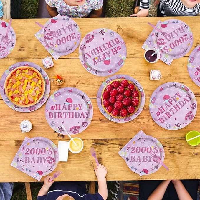 96 Pcs Y2k 2000s Birthday Party Supplies Pink Retro Fashion Plates and Napkins Disposable Early 2000s Theme Tableware Set for Girls Women Teen Birthday Party Decorations Serves 24