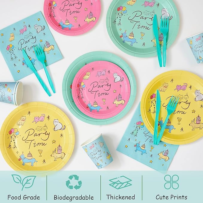 144Pcs Dog Cat Birthday Party Supplies Decorations Pet Themed Paper Plates Napkins Vintage Puppy Party Tableware Disposable Dinnerware Set for Kids Birthday Baby Shower Table Decor, Serve 24