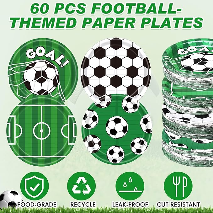 60 Pcs Soccer Paper Plates Party Supplies 9 Inch Soccer Birthday Disposable Plates for Kids Boys Adults Game Day Birthday Party Decorations