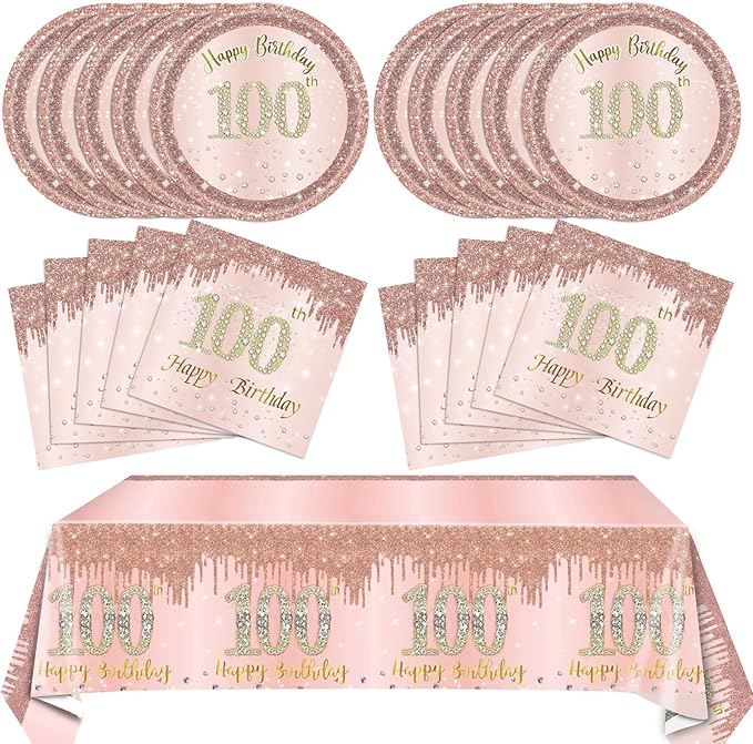 41PCS 100th Birthday Decorations Rose Gold 100th Party Disposable Tableware Set Include 100 Year Old Birthday Plates and Napkins, Plastic Tablecloth For 100 Year Old Gifts Women