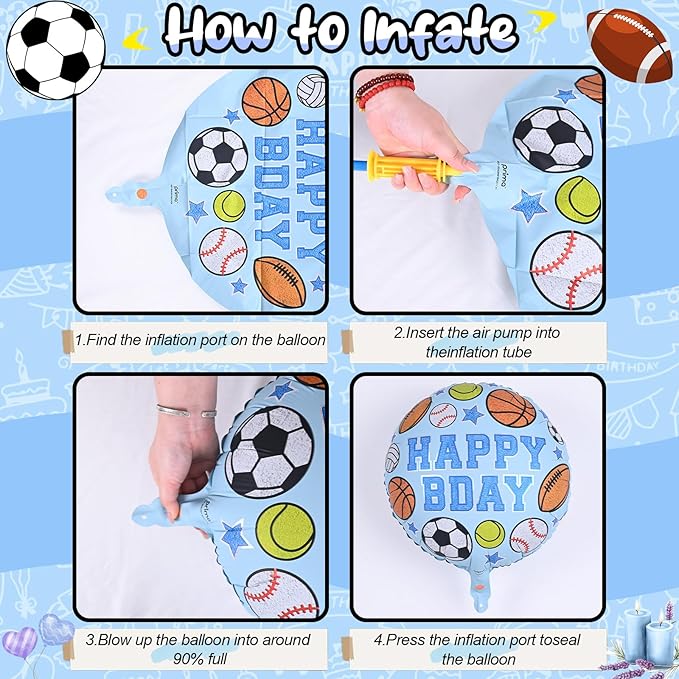 Sports Birthday Balloons Party Decorations, 18 Inch Inflatable HAPPY BDAY Mylar Foil Sports Balloon with Baseball Volleyball Basketball Soccer Game Print for Boy Baby Shower Birthday Party Decorations