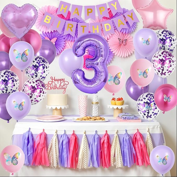 3rd Birthday Decoration for Girls,Pink Purple 3rd Birthday Balloon Number 3 Balloon with Butterfly Stickers Star Heart Foil Balloons Banner Princess Party Decoration for 3 Year Old Party