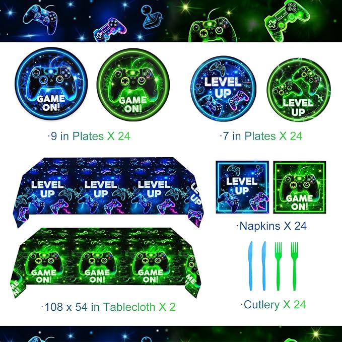 Video Game Birthday Decorations - Neon Level Up Game Tableware Includes Plates, Napkins, Cups, Forks, Tablecloths for Boy Gamer Birthday Party, Serves 24