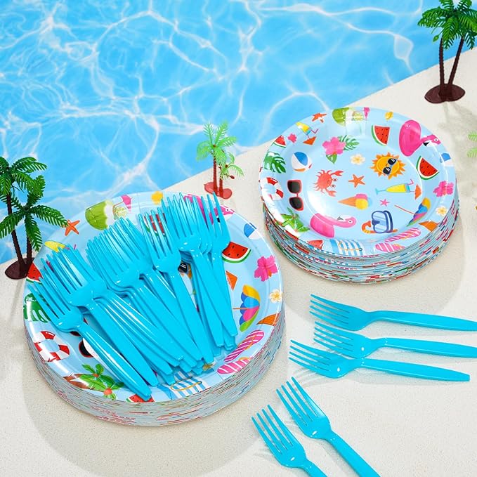 180 Pcs Summer Pool Party Paper Plates and Forks Pool Party Supplies 9'' Disposable Plates 7'' Paper Snack Plates Plastic Forks for Kids Birthday Hawaiian Beach Party Decorations, Serves 60