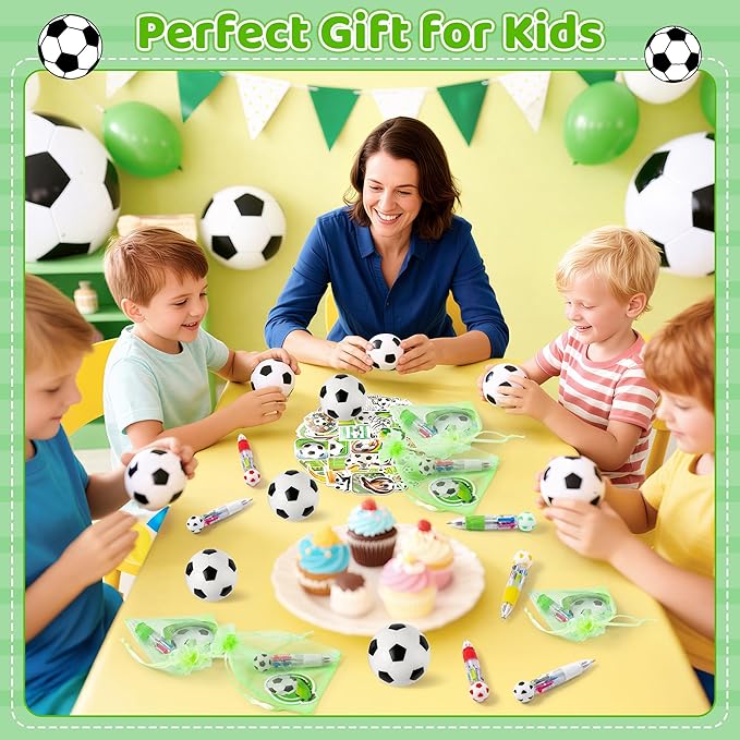 CY2SIDE 12 Pack Soccer Squeeze Toy Party Favor Gift Set with Ballpoint Pen Sticker and Organza Bag 2.5’’ Soccer Foam Stress Ball Classroom Prize for Kid Sport Lover Birthday Goodies Bag Stuffer