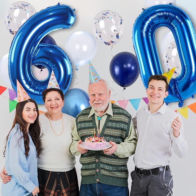 60 Balloon Number Blue, Big Number 60 Balloon Pastel Navy Dark Blue with Metallic Silver Confetti Balloon for Men 60th Birthday, Foil 40'' Self Inflating Balloon 60 for Anniversary Party Decorations
