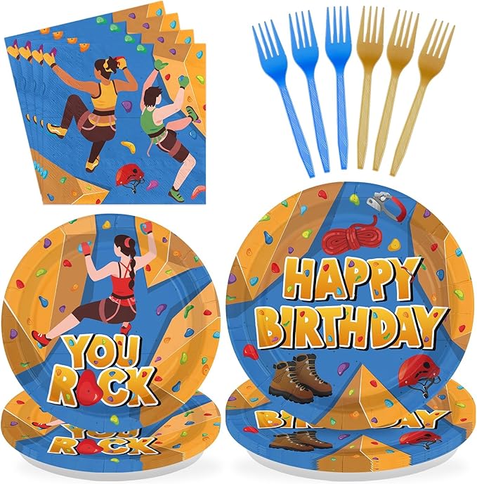 96 Pcs Rock Climbing Plates and Napkins Climbing Birthday Party Supplies Adventurer Climber Sport Tableware Set for Kids Adults Sports Theme Birthday Party Supplies, Serves 24