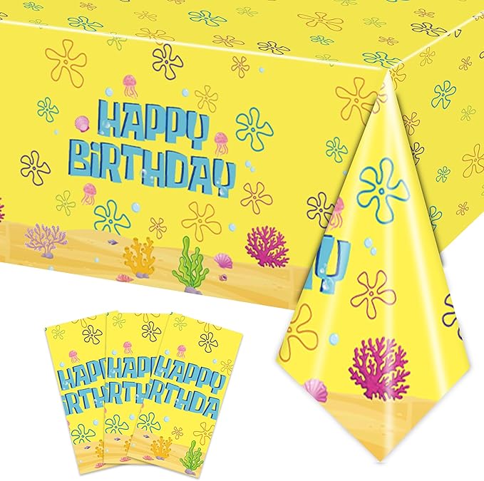 3PCS Yellow Cartoon Party Supplies Tablecloth Set for Kids Boys Girls BirthdayYellow Cartoon Party Supplies Tablecloth -54x108in