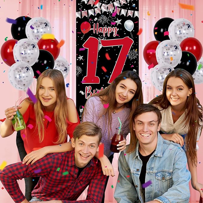 17th Birthday Decorations for Boys, Red Black Happy 17th Birthday Balloons Decorations for Girls, Boy 17 Year Old Door Banner, Triangle Flag, Large 17 Balloons Decor for 17 Bday Party Supplies