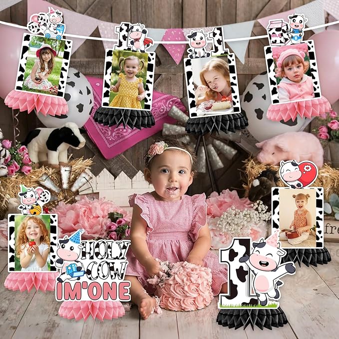 Holy Cow I'm One Birthday Decorations, Cow First Birthday Honeycomb Centerpiece Party Decoration, Baby 1st Birthday Cow Themed Photo Table Centerpiece Party Supplies