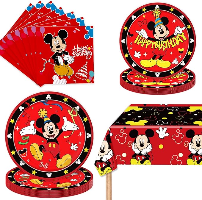 Mickey Party Supplies 41Pack include 20 plates, 20 napkins 1 tablecloth for birthday party Decoration (red2)