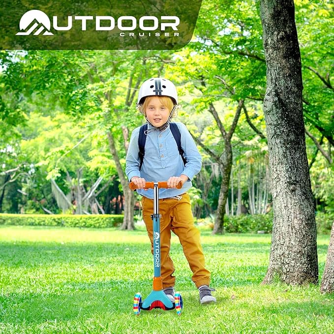 Outdoor Cruiser 3-Wheel Kids Scooter – with Lean-to-Steer Technology, Led Lighted Wheel, 4-Level Adjustable Height T-bar Handle, Support Kids Up to 150 Lbs, for Boys & Girls Ages 3-8, Aqua and Orange