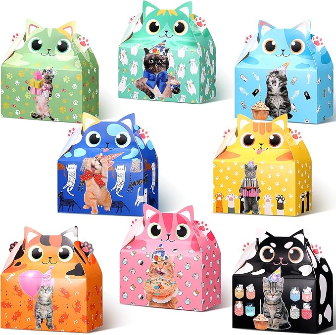 Nezyo 24 Pieces Cat Party Favor Boxes Kitten Theme Goodie Boxes Cute Candy Bags for Kids Birthday Supplies Decorations Adopt a Cat Party Favors, 8 Styles