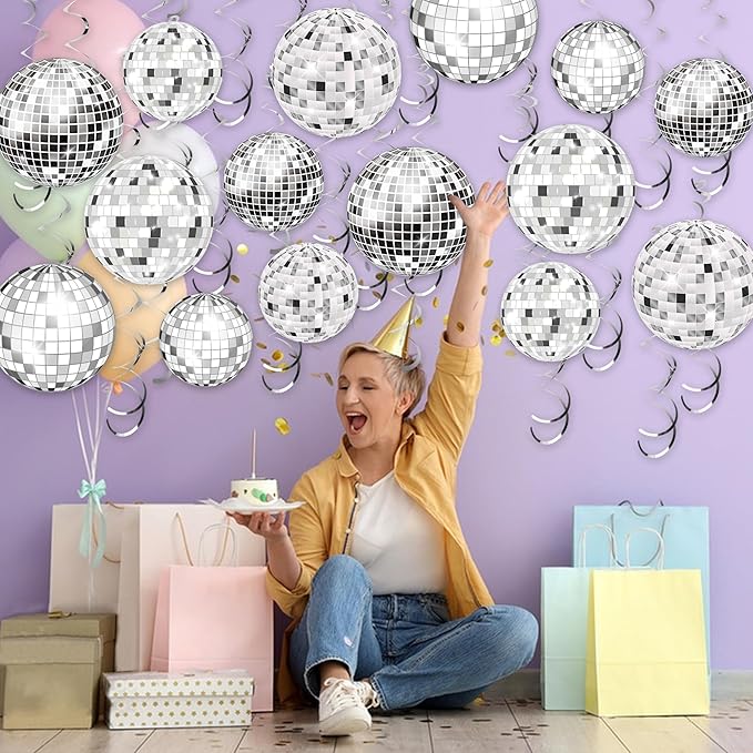 54 Pieces Disco Party Decorations Sliver Disco Ball Hanging Swirls 70s Ceiling Decor for 70s Fever Hippie Birthday Party Supplies