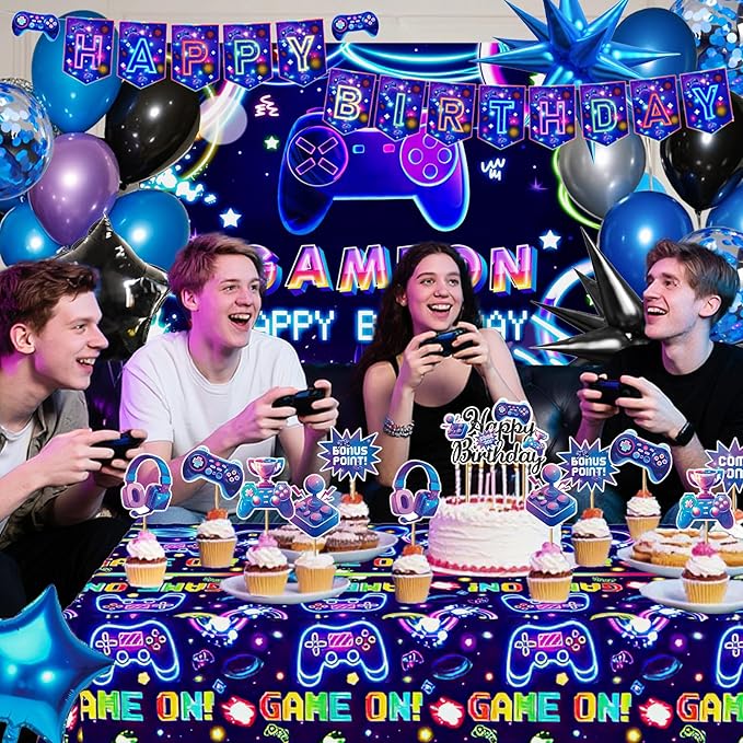 Video Game Birthday Decorations for Boys, Happy Birthday Banner Backdrop, Gaming Tablecloth, Blue Purple Balloon Arch Kit, Cake & Cupcake Topper, Kid Gamer Birth day Decorations Party Supplies