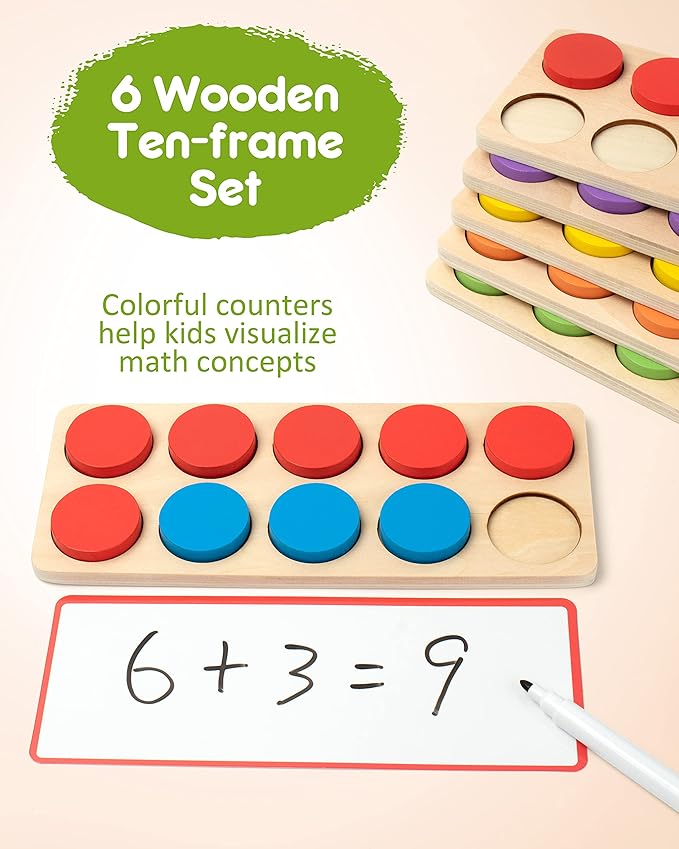 SYNARRY Wooden Ten-Frame Set Math Manipulatives for Kindergarten Elementary 1st 2nd Grade Homeschooling, Addition and Subtraction Montessori Math Games for Chirldren, Counters Toys for Kids Ages 3-8