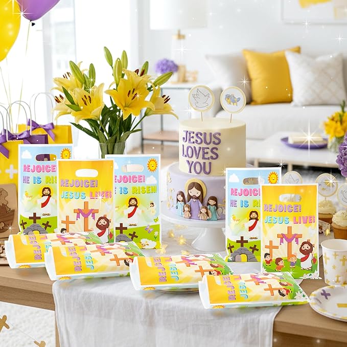 Easter Religious Party Favor Bag - 50Pcs He is Risen Rejoice Goodie Treat Candy Gift Bags Christian Cross Jesus Lives Party Supplies for Spring Easter Bible Sunday School Jesus Birthday VBS Church