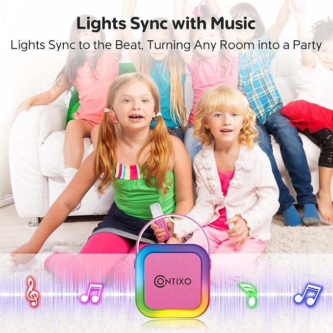 Contixo KS1A Kids Mini Karaoke Machine with LED Lights, 7–10H Playback, Dual Wireless Mics, Magic Voice Effects, Bluetooth Speaker for Children, Portable Singing Toy Gift for Boys & Girls, Pink