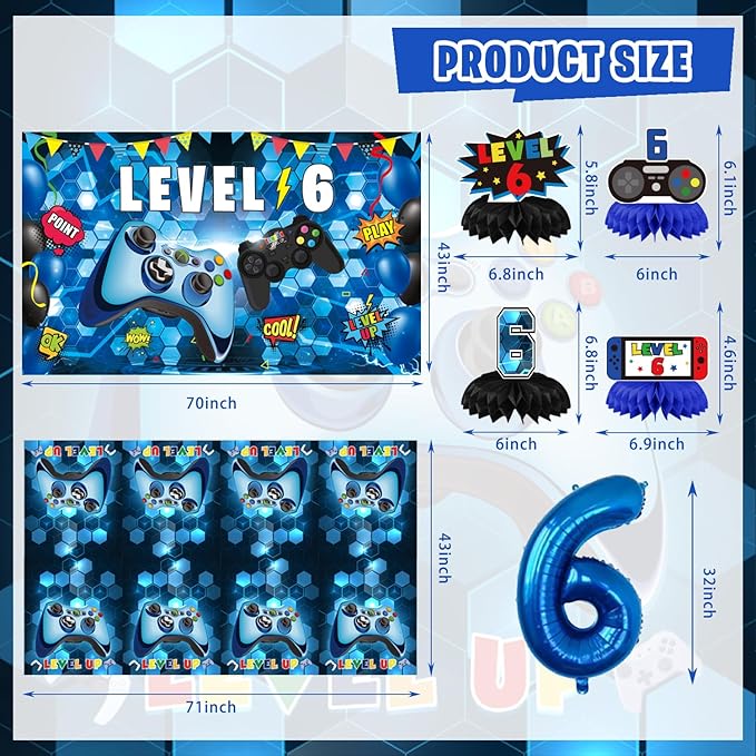 6th Birthday Decorations for Boys, 149Pcs Blue Video Game level 6 Party Supplies for Boy 6th Birthday - Backdrop, Banner, Balloons, Tablecloth, Centerpieces, Hanging Swirls, Wall Signs