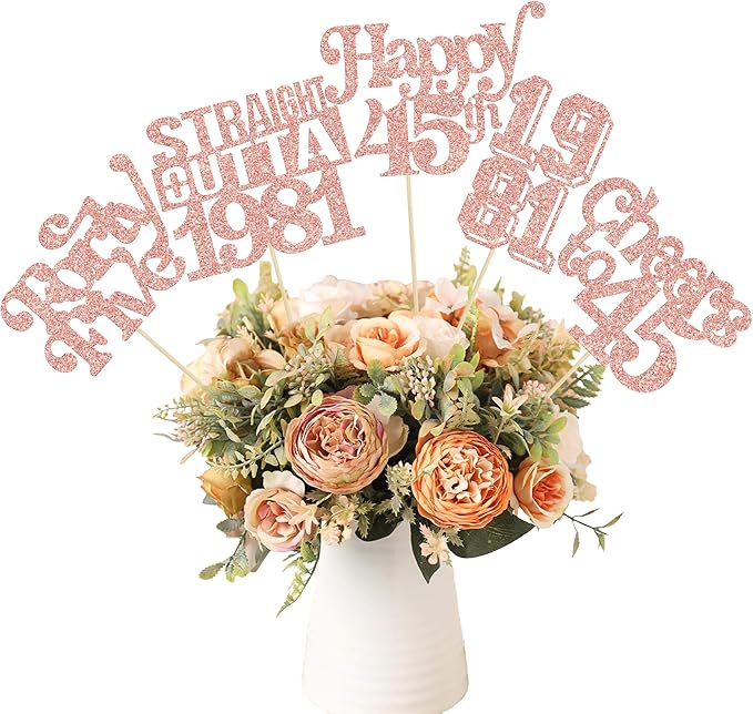 Gyufise 15Pcs Happy 45th Birthday Centerpiece Sticks Forty Five Straight Outta 1981 Table Flower Centerpieces Sticks Cheers to 45 Decorations for 45th Birthday Party Supplies Rose Gold