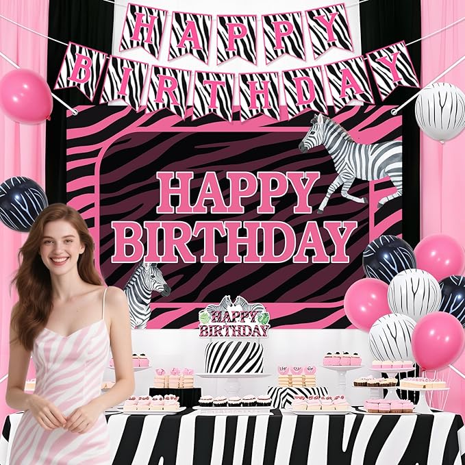 Zebra Birthday Decorations for Women Pink Zebra Happy Birthday Banner Backdrop Cake Topper Safari Jungle Theme Bday Party Supplies for Wildlife Animal Supplies
