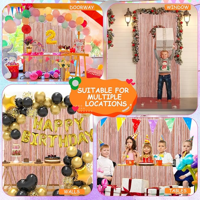 Rose Gold 2 Pack Metallic Tinsel Foil Fringe Curtains, 3.3x8.3 Feet Rose Gold Streamers for Party, Door Streamers Party Decorations, Party Streamers for Birthday Christmas Party Decorations