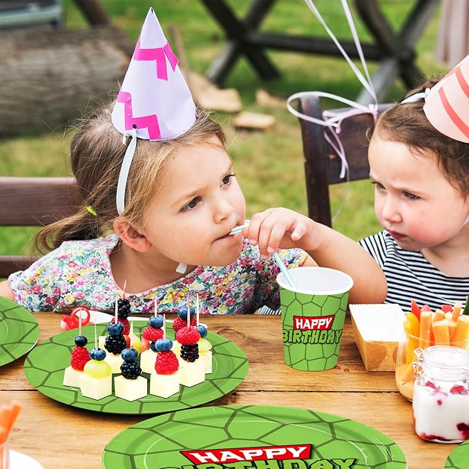 192pcs Turtle Birthday Party Supplies Turtle Plates Napkins Disposable Paper Cups Straws Cartoon Theme Party Decorations Tableware Set for Boys Kids Birthday Serves 24