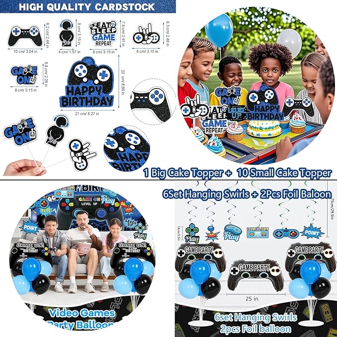75Piece Video Game Party Decorations Set: Gamer Birthday Supplies with Happy Birthday Backdrop, Table Cover, Hanging Swirls, Cake Toppers, Foil Balloons, Latex Balloons – Perfect Game ON Party!