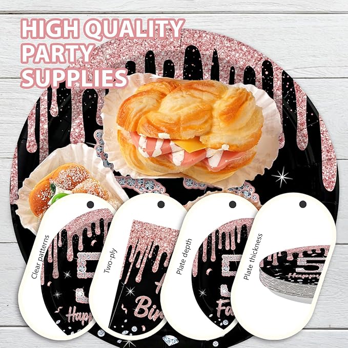 96 Pcs 55th Birthday Party Decorations Rose Gold and Black Happy 55th Birthday Paper Plates and Napkins 55 and Fabulous Tableware Sets for Women 55 Years Old Party Supplies Serves 24