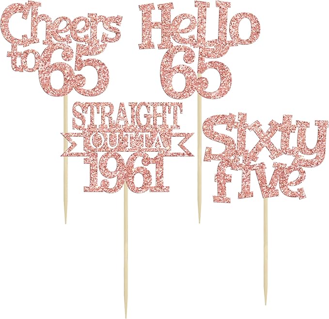 Ephlyn 24Pcs 65th Birthday Cupcake Toppers Glitter Straight Outta 1961 Cupcake Picks Hello 65 Cheers to 65 Years Cake Decorations for 65th Birthday Anniversary Party Decorations Supplies Rose Gold