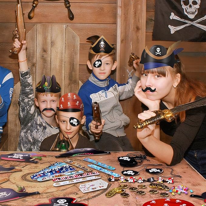 Vanblue 144Pcs Pirate Party Favors Birthday Party Decorations Supplies Pirate Eye Patch Mustache Goodie Bags Stuffers Pinata Filler Classroom Prizes Treasure Boxes for Kids Boys