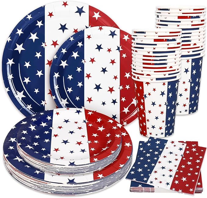 Whaline 96Pcs Patriotic Party Tableware Set with Paper Plate Napkin Cup Red White Blue Star 4th of July Disposable Dinnerware for 24 Guests Independence Day Party Table Decor