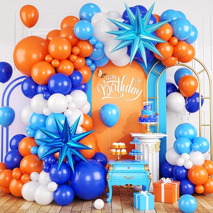 Blue and Orange Balloon Arch Kit, 120 Pcs Light Blue White Orange Balloons Garland Kit with 4D Star Chrome Latex Balloons for Graduation Class of 2025 Thanksgiving Party Decorations