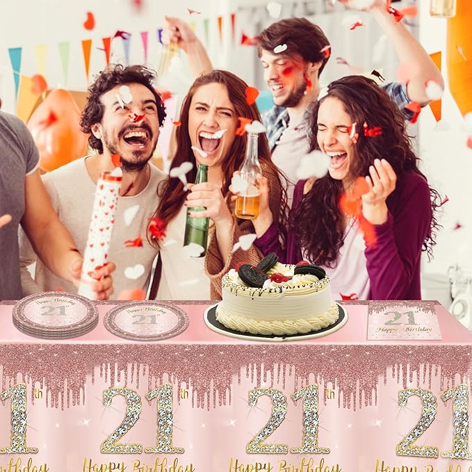 21st Birthday Decorations for Her,41Pcs Awesome Since 2005 Birthday Tableware Kit Party Supplies-Rose Gold 21 Years Old Disposable Paper Plates and Napkins,Tablecloth Set For Sweet Girls Women Party