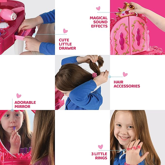 Play22 Pretend Play Girls Vanity Set with Mirror and Stool 21 PCS - Kids Makeup Vanity Table Set with Lights and Sounds - Includes Fashion Hair & Makeup Accessories
