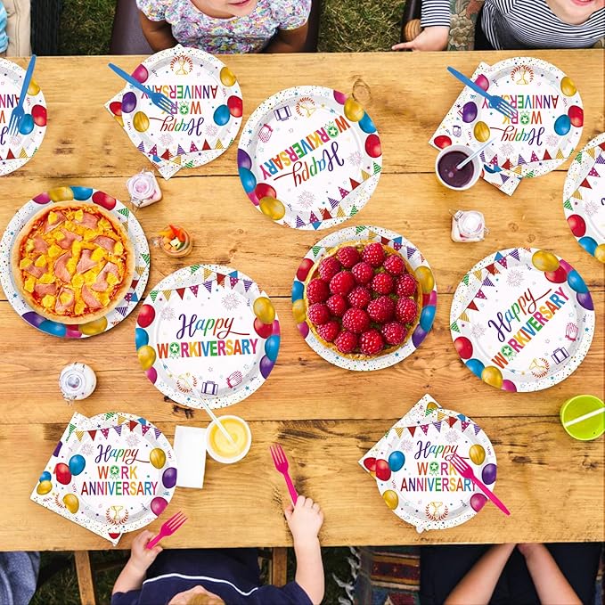 96Pcs Happy Work Anniversary Party Supplies Colorful Happy Workiversary Plates and Napkins Colorful Work Office Paper Tableware Set for Employee Worker Appreciation Party Supplies Serves 24