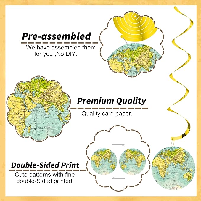 Globe Vintage World Map Hanging Swirls Travel Party Hanging Decorations Earth Globe Theme Ceiling Streamers for Travel Around The World Birthday Party Baby Shower Supplies