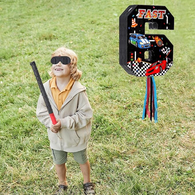 Race Car Piñata Pull String Cars Piñatas for Birthday Party Decorations Number 2 3 4 5 6 with Blindfold Stick Small Red Black Racing Theme 2nd 3rd 4th 5th 6th Party Supplies