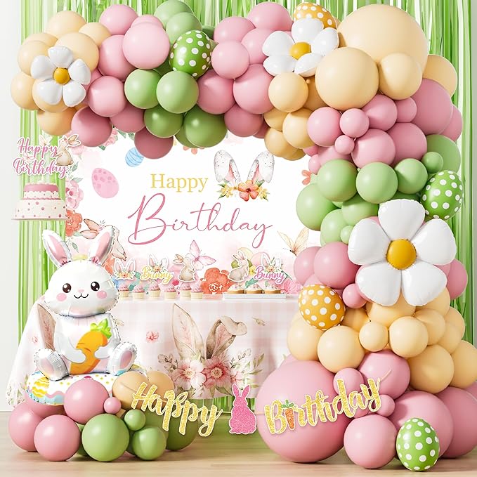 Easter Bunny Birthday Party Decorations, Spring Bunny Birthday Party Decorations for Girls, Easter-Themed Party Supplies Kit, Floral Backdrop Balloon Garland Banner Backdrop Tablecloth for Birthday