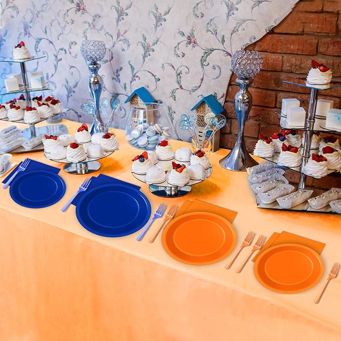 Wiooffen 96 Pcs Orange and Blue Birthday Party Plates Napkins Dart War Party Supplies Tableware Disposable Orange Blue Paper Dinnerware Decoration for Baby Shower Birthday Party, 24 Guests