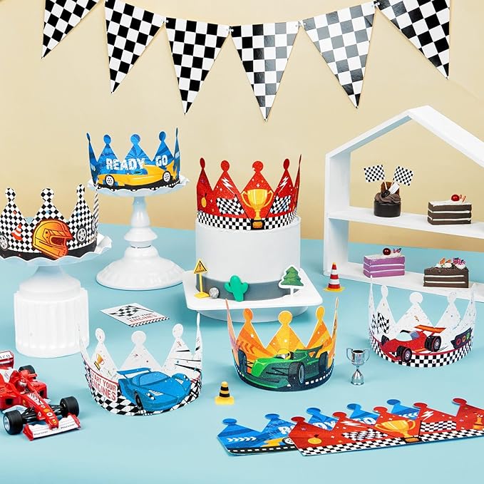WERNNSAI Race Car Birthday Party Hats - 12PCS Birthday Party Supplies Crowns with Elastic Band Colorful Paper Party Crowns for Racing Theme Party Favors