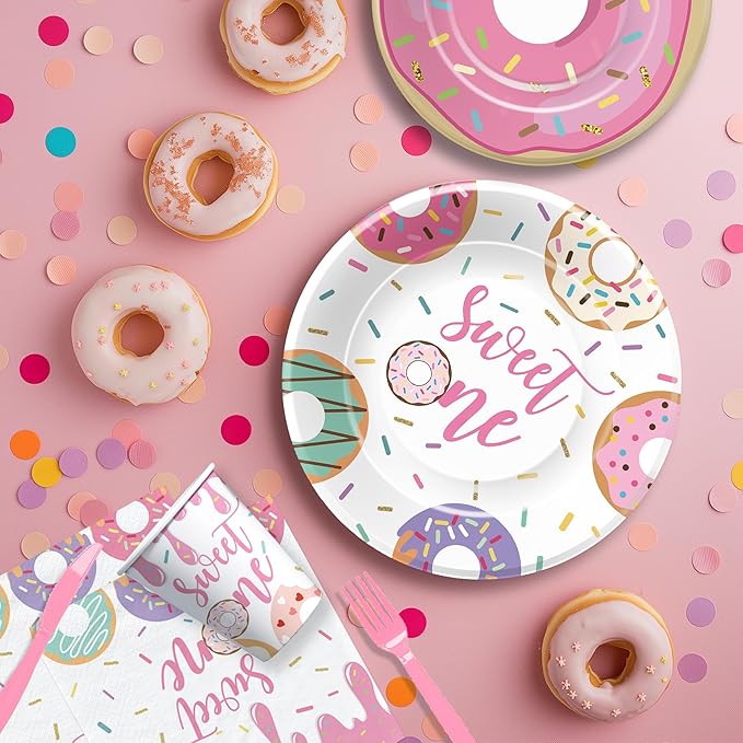 Xigejob Donut Sweet One Birthday Plates And Napkins Party Decorations Tableware Girls - Pink Donut 1st Birthday Party Supplies, Paper Plate, Cup, Napkin, Disposable Fork | Serves 24