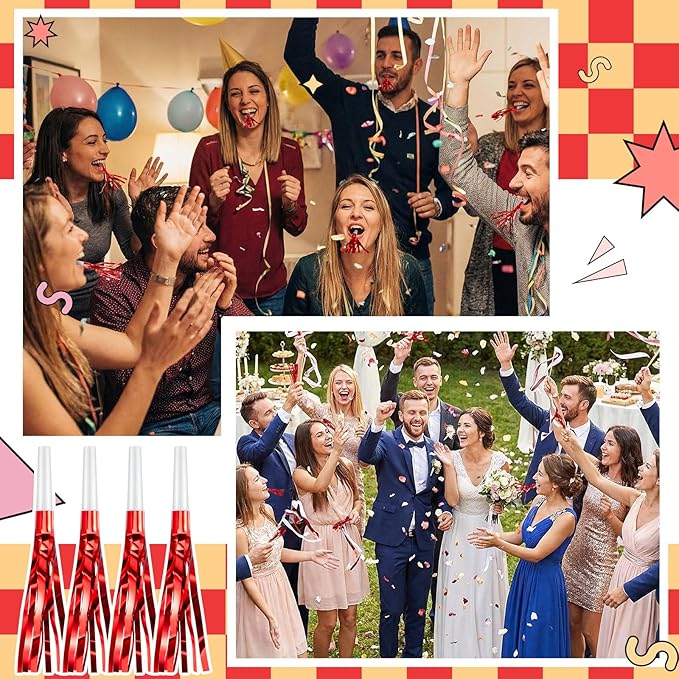 Sumind 24 Pcs Red Noise Makers Glitter Noise Makers Metallic Fringed Party Blowers for Adults Birthday Graduation Sporting Events 2026 New Years Party Favor Supplies