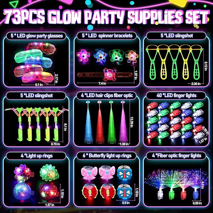 73PCS Glow in the Dark Party Supplies for Kids Adults, Light Up Party Favors with Glow Glasses, Spinner Bracelets, Slingshot, Bulk Glow Party Favors for Kids Halloween, Neon Party Supplies Accessories