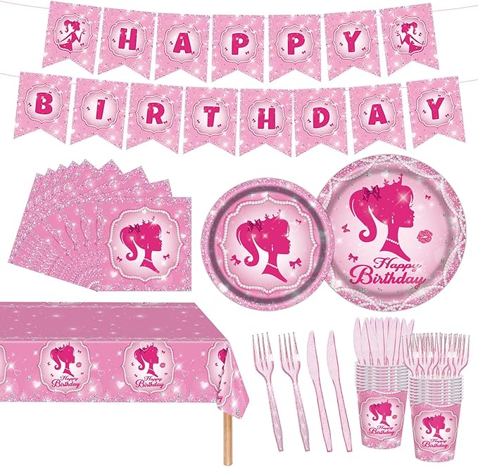 98PCS Pink Girl Birthday Party Supplies Hot Pink Party Tableware Set Sweet Girls Birthday Baby Shower Decorations Princess Paper Plates and Napkins Set Tablecloth Banner Serve 16 Guests